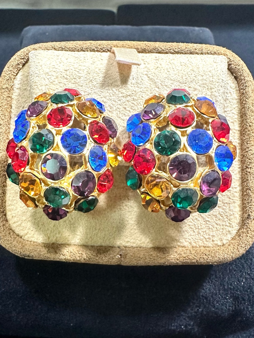 Vtg: Multicolored Glass Gemstone Oversized Clip On Earrings